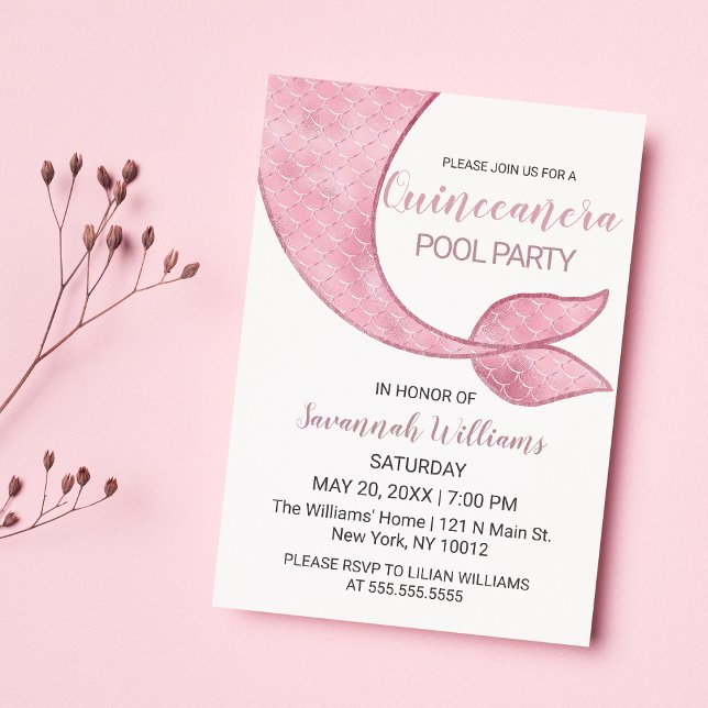 Luxury Rose Gold Pink Mermaid Tail Quinceañera Invitation (Luxury Rose Gold Pink Mermaid Tail Quinceañera)