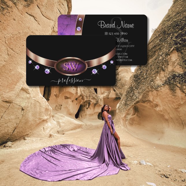 Luxury Rose Gold Purple Black Initials Rhinestones Business Card (Creator Uploaded)