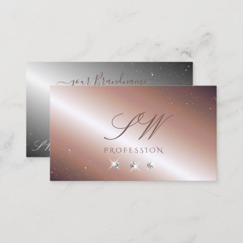 Luxury Rose Gold Silver Sparkle Diamonds Monogram Business Card