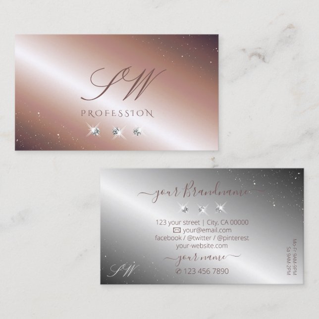 Luxury Rose Gold Silver Sparkle Diamonds Monogram Business Card (Front/Back)