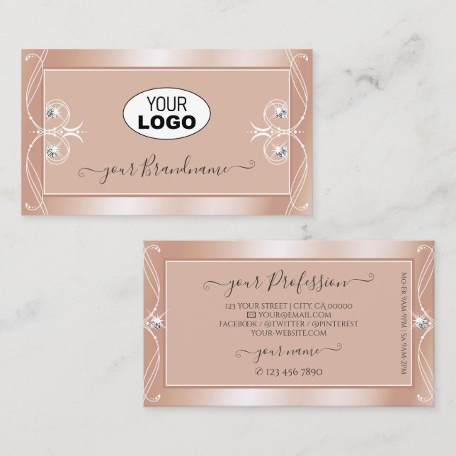 Luxury Rose Gold Sparkle Diamonds with Logo Ornate Business Card (Front/Back)