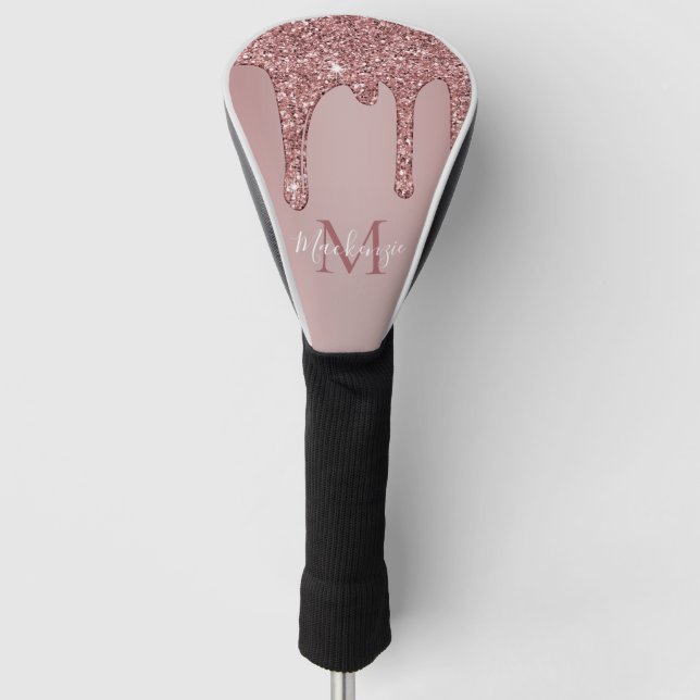 Luxury Rose Gold Sparkle Dripping Glitter Monogram Golf Head Cover (Front)