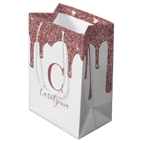 Luxury Rose Gold Sparkle Dripping Glitter Monogram Medium Gift Bag
