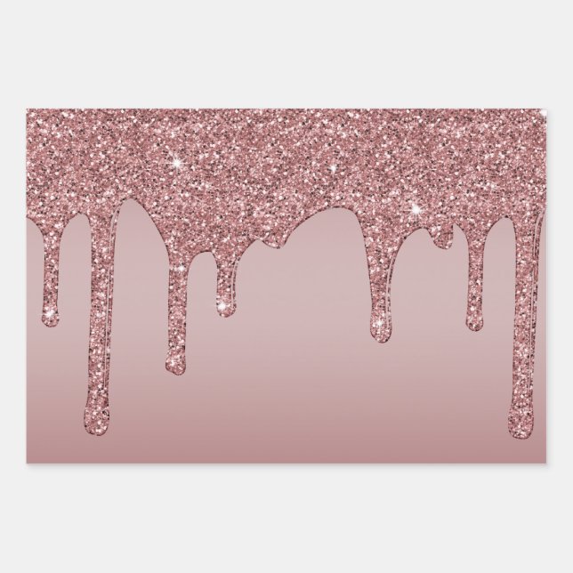 Luxury Rose Gold Sparkle Glam Glitter Drips Wrapping Paper Sheets (Front)