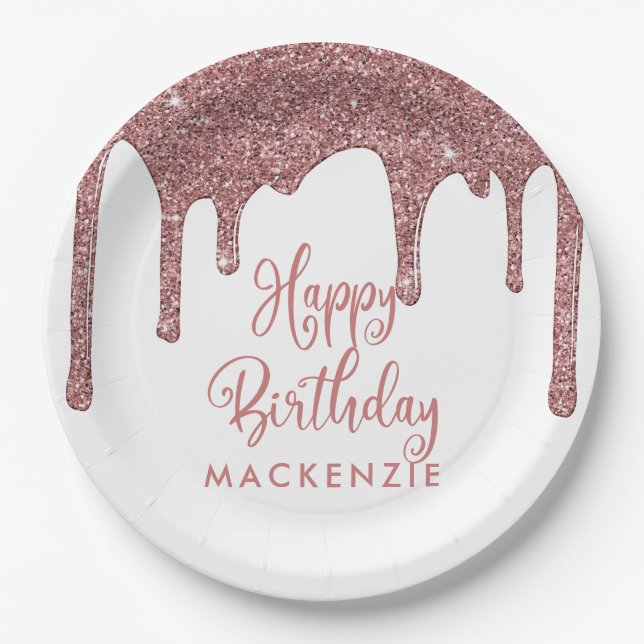 Luxury Rose Gold Sparkle Glitter Drips Birthday Paper Plates (Front)