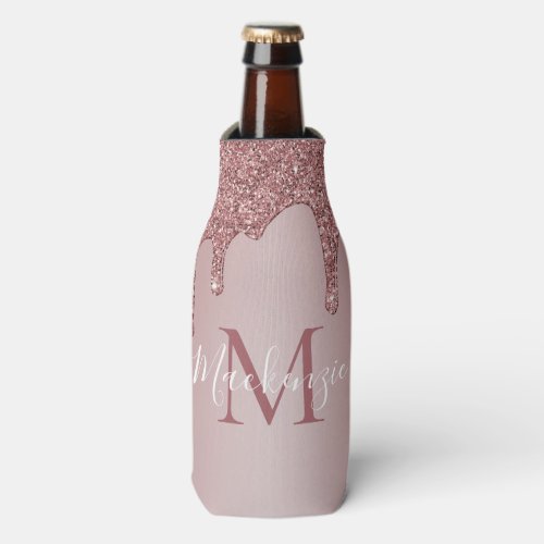 Luxury Rose Gold Sparkle Glitter Drips Monogram Bottle Cooler