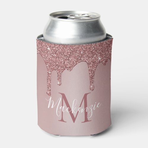 Luxury Rose Gold Sparkle Glitter Drips Monogram Can Cooler