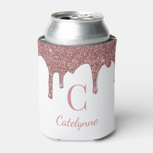 Luxury Rose Gold Sparkle Glitter Drips Monogram Can Cooler