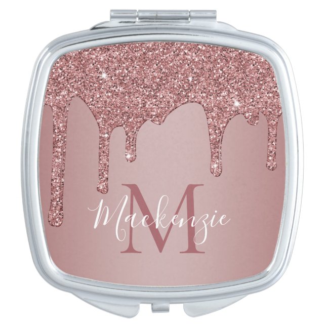 Luxury Rose Gold Sparkle Glitter Drips Monogram Compact Mirror (Front)