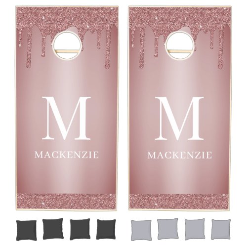 Luxury Rose Gold Sparkle Glitter Drips Monogram Cornhole Set