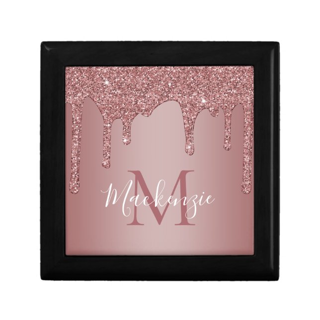 Luxury Rose Gold Sparkle Glitter Drips Monogram Gift Box (Front)