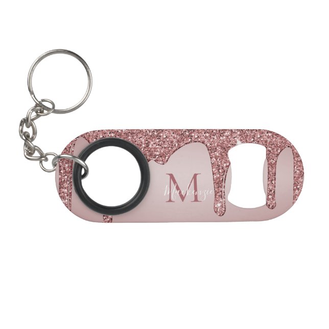 Luxury Rose Gold Sparkle Glitter Drips Monogram Keychain Bottle Opener (Front (Horizontal))
