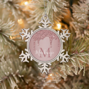 Luxury Rose Gold Sparkle Glitter Drips Monogram Snowflake Pewter Christmas Ornament