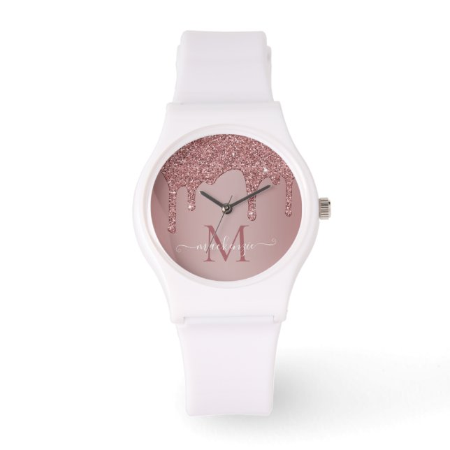 Luxury Rose Gold Sparkle Glitter Drips Monogram Watch (Front)