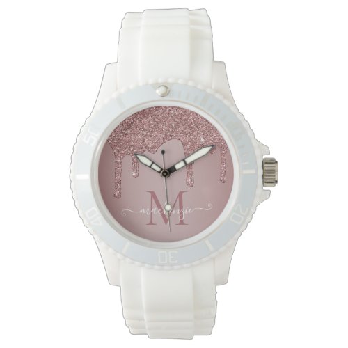 Luxury Rose Gold Sparkle Glitter Drips Monogram Watch