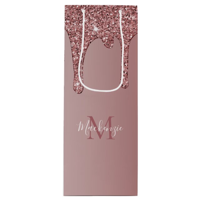 Luxury Rose Gold Sparkle Glitter Drips Monogram Wine Gift Bag (Front)