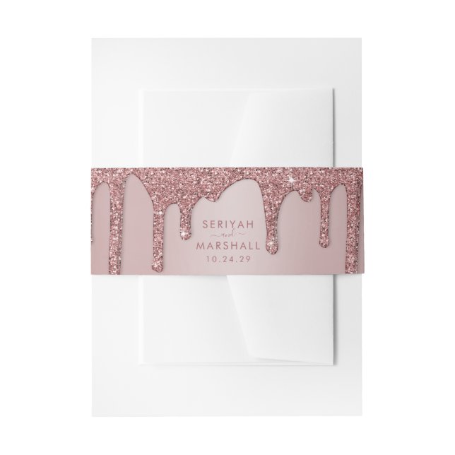 Luxury Rose Gold Sparkle Glitter Drips Wedding Invitation Belly Band (Front Example)