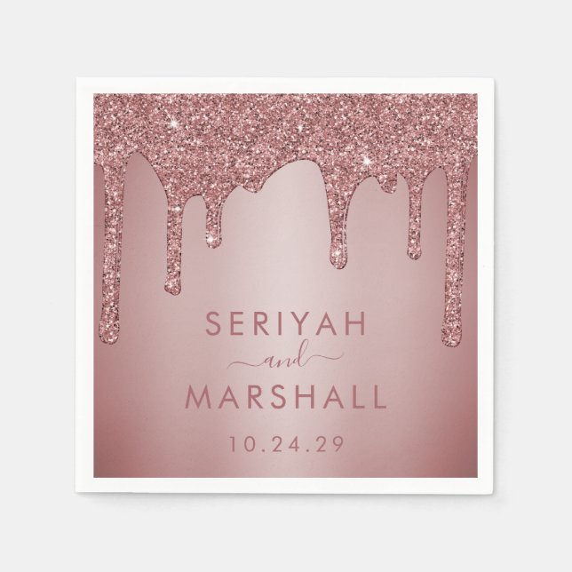 Luxury Rose Gold Sparkle Glitter Drips Wedding Napkins (Front)