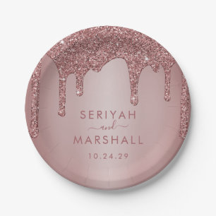 Luxury Rose Gold Sparkle Glitter Drips Wedding Paper Plates