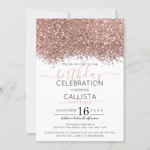 Luxury Rose Gold White Glitter Confetti Birthday Invitation