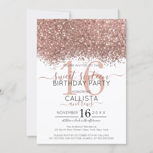 Luxury Rose Gold White Glitter Confetti Sweet 16 Invitation (Front)