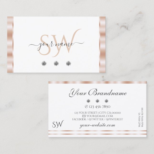 Luxury Rose Gold White Sparkling Jewels Initials Business Card (Front/Back)
