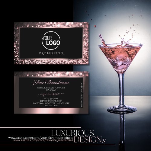 Luxury Rose Pink Black Sparkling Glitter with Logo Business Card