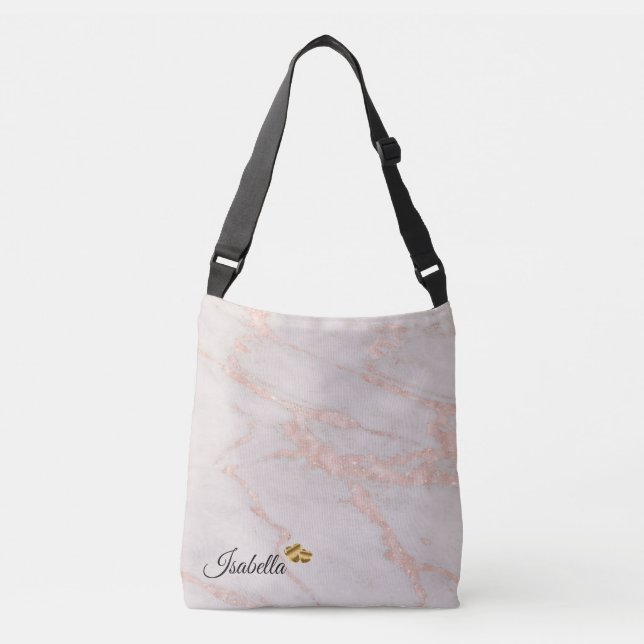 Luxury Rose Pink Blush Glitter Marble Add Text Crossbody Bag (Front)