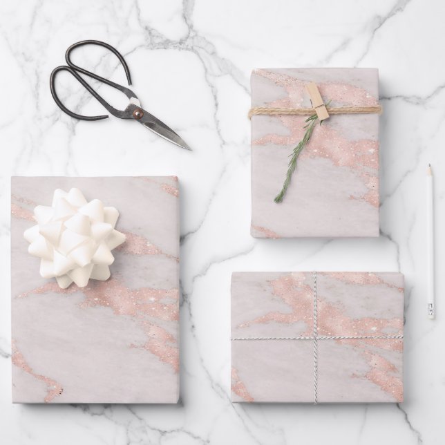 Luxury Rose Pink Blush Glitter Marble Customize Wrapping Paper Sheets (Front)