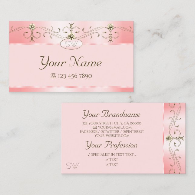 Luxury Rose Pink Ornate Sparkling Jewels Monogram Business Card (Front/Back)
