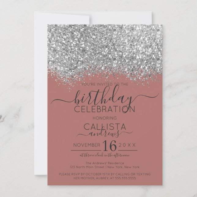 Luxury Rose Silver Glitter Confetti Birthday Invitation (Front)