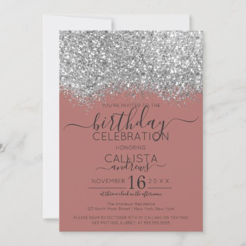 Luxury Rose Silver Glitter Confetti Birthday Invitation