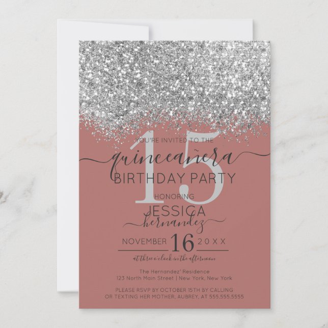 Luxury Rose Silver Glitter Confetti Quinceañera Invitation (Front)