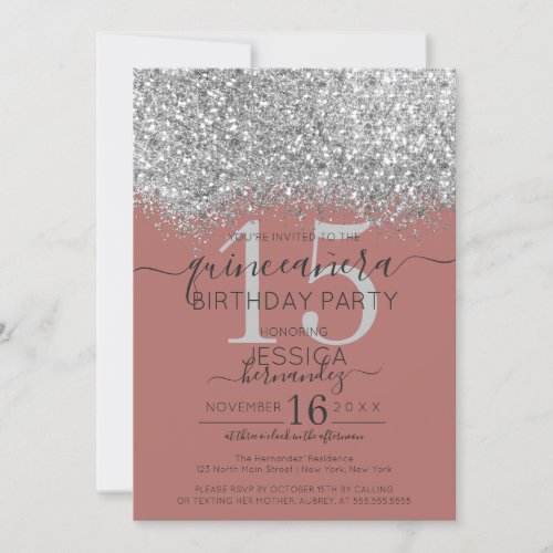 Luxury Rose Silver Glitter Confetti Quinceaera Invitation