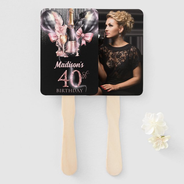 Luxury Rose Wine 40th Birthday Photo Personalized Hand Fan (Front and Back)