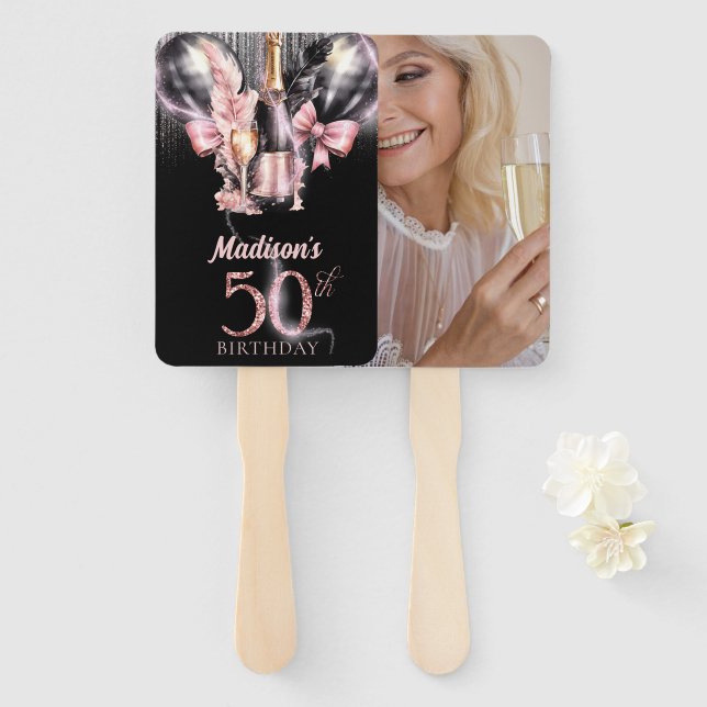Luxury Rose Wine 50th Birthday Photo Personalized Hand Fan (Front and Back)