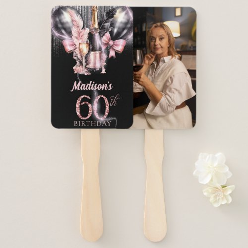 Luxury Rose Wine 60th Birthday Photo Personalized Hand Fan