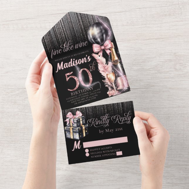 Luxury Rose Wine Adult 50th Birthday All In One Invitation (Tearaway)