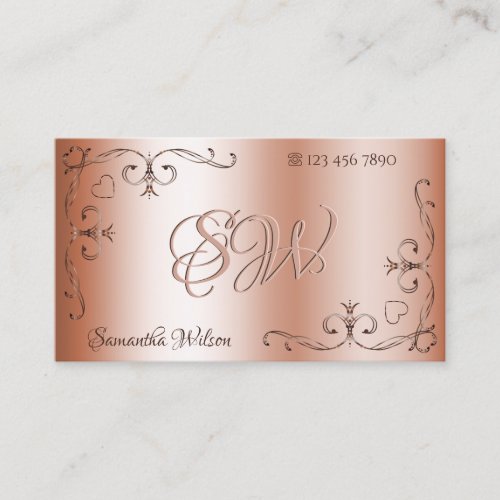 Luxury Rosegold Ornate Corner Borders and Initials Business Card
