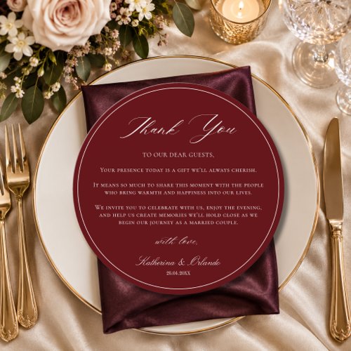 Luxury Round Wedding Place Setting Thank You Card