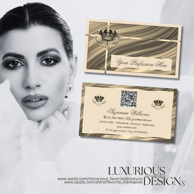 Luxury Royal Beige Gold Crown with QR Code Noble Business Card (Creator Uploaded)