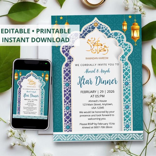 Luxury Royal Blue and Gold Islamic Iftar Dinner Invitation (Creator Uploaded)