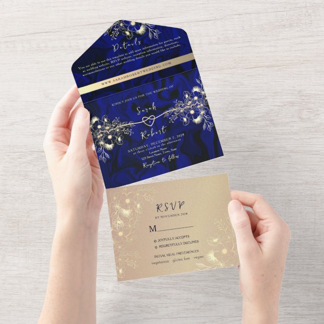Luxury Royal Blue and Gold Wedding All In One Invitation (Tearaway)