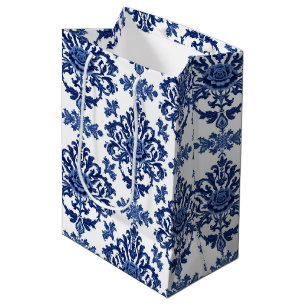 Luxury Royal Blue and White Baroque Floral Pattern Medium Gift Bag
