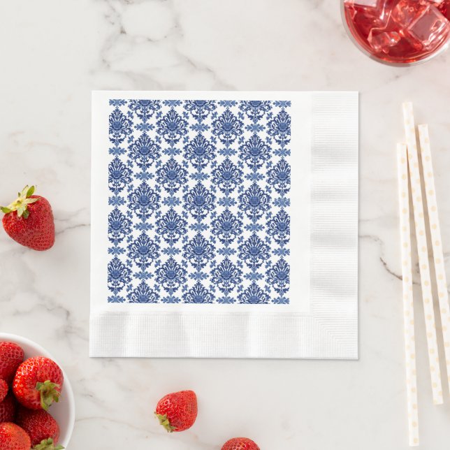 Luxury Royal Blue and White Baroque Floral Pattern Napkins (Insitu)