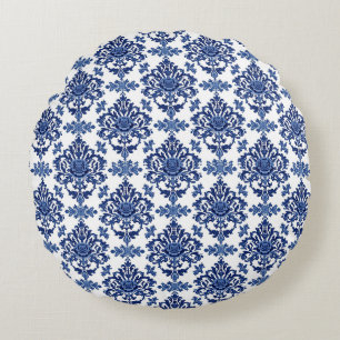 Luxury Royal Blue and White Baroque Floral Pattern Round Pillow