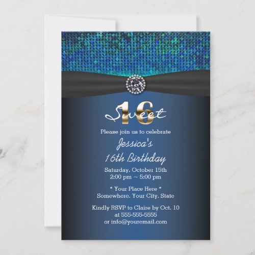 Luxury Royal Blue Black Ribbon Sweet 16 5x7 Paper Invitation Card
