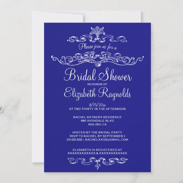 Luxury Royal Blue Bridal Shower Invitations (Front)