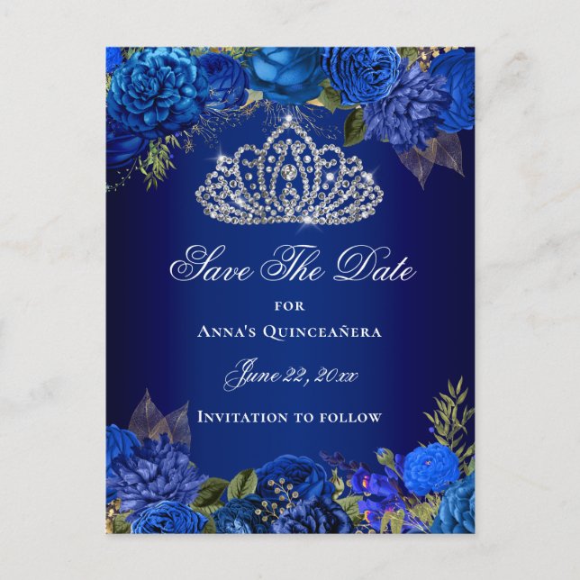 Luxury Royal Blue Floral Quinceanera Save The Date Postcard (Front)