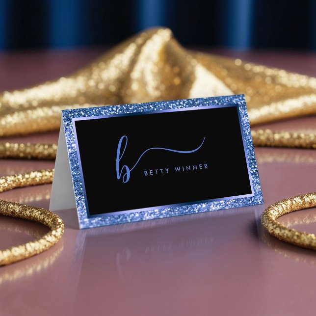 Luxury Royal Blue Glitter Frame Script Monogram Business Card (Creator Uploaded)